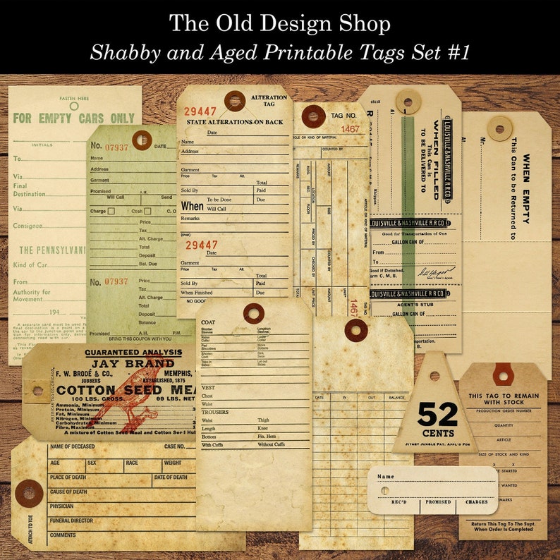 Shabby and Aged Tags Printable Vintage Style Alterations Garment Inventory Toe Tag Digital Collage Sheets Individual PNG Files Included