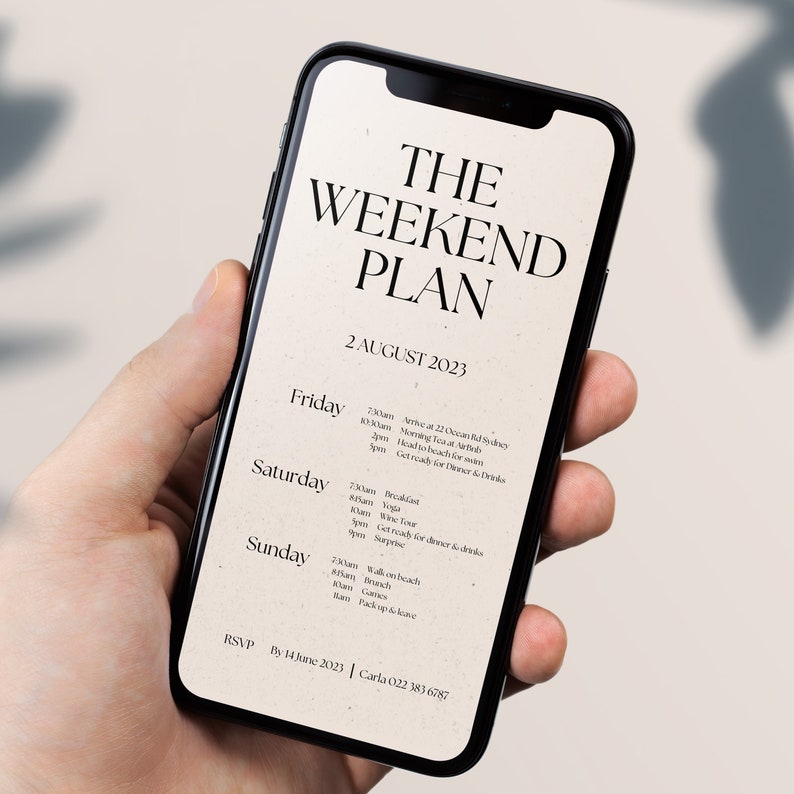 Modern Weekend Digital Itinerary Electronic Mobile Invitation Simple Family Gathering Digital Download Minimal Design Instant Canva Template