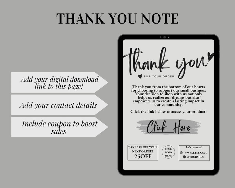 Etsy Digital Product Templates  Thank you note for digital downloads  Canva print instructions  how is to download print page for sellers