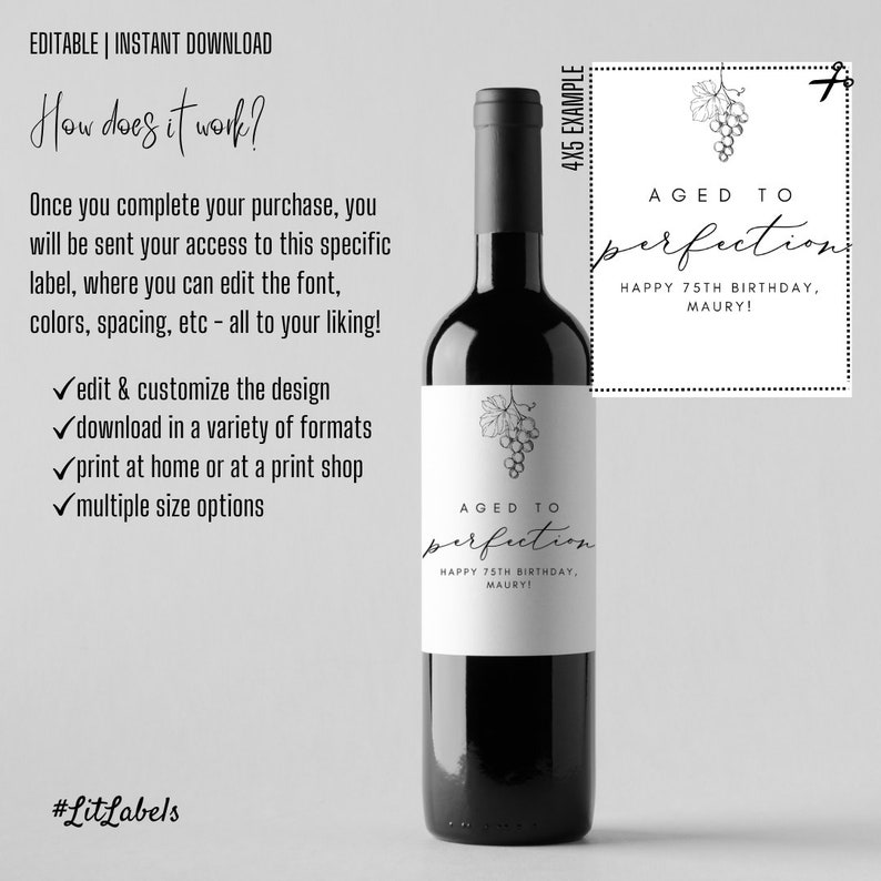 Custom Template Wine Label Aged to Perfection Birthday Digital File Download Editable Print at Home Grapes Vineyard 50th 60th Personalized