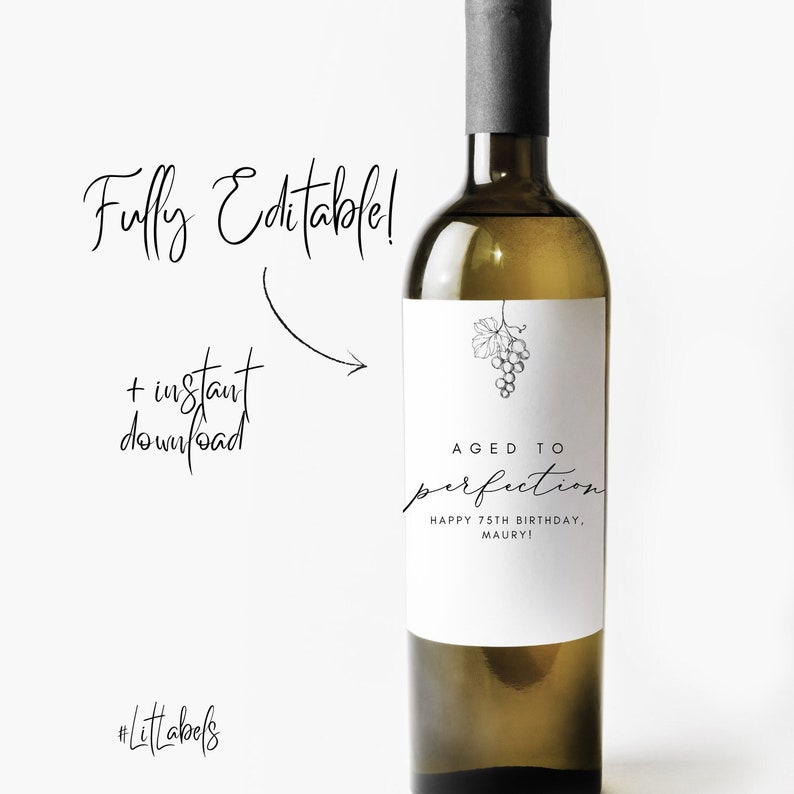 Custom Template Wine Label Aged to Perfection Birthday Digital File Download Editable Print at Home Grapes Vineyard 50th 60th Personalized