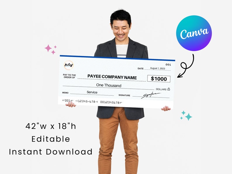 Large Cheque 2 0  42 x 18"  Perfect for for Charity Fundraising Event  Editable in Canva  Printable Template  Digital Download