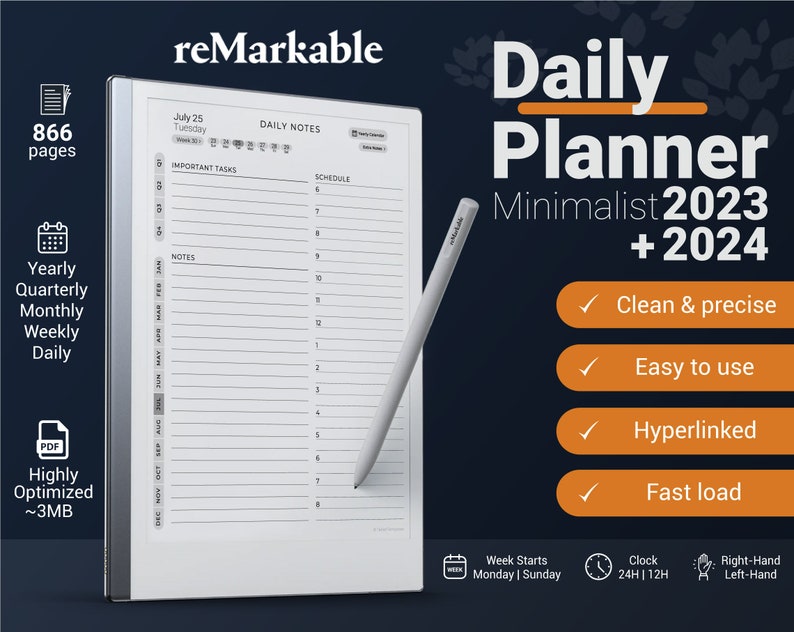 reMarkable 2 Daily Planner Minimalist 2023  2024  remarkable 2 templates  remarkable calendar