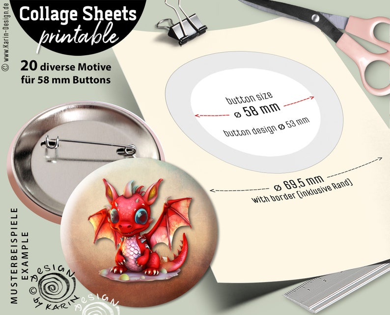 20x design button templates   digital print collages   special size 58 mm   small dragons   instant download PDFJPG   No  2315