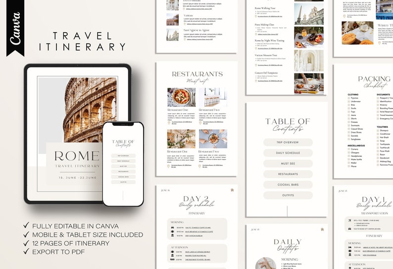 Travel Itinerary Template  Travel Planner  Printable Travel Guide  Digital Template Download   Traveling Guide Editable in Canva