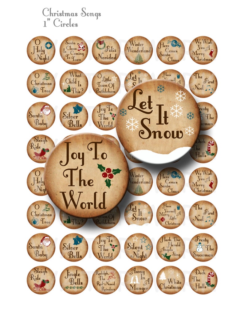 Christmas Songs   Digital Collage Sheet    1 inch Round Circles   INSTANT DOWNLOAD