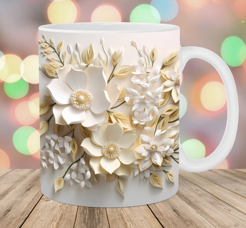 3D White Floral Mug Wrap  11oz And 15oz Mug Template  3D Mug Sublimation Design  Flowers Mug Wrap Template  Instant Digital Download PNG