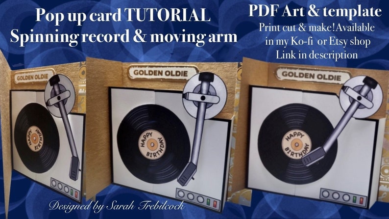 PDF instant download to print  make a pop up record player concept card  an original design with moving record and arm