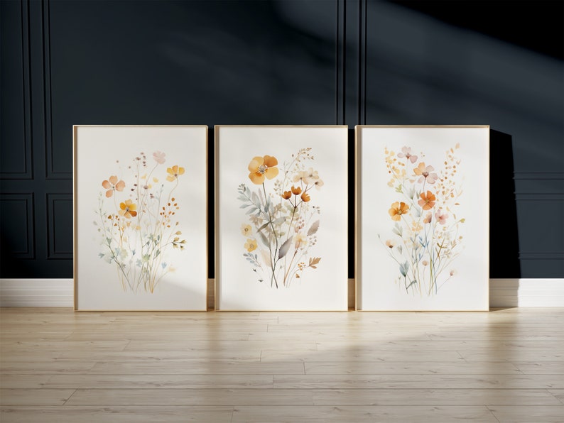 Wildflower prints  set of 3  neutral muted colours  watercolour  artful boho wall decoration  digital download  PRINTABLE floral digital art