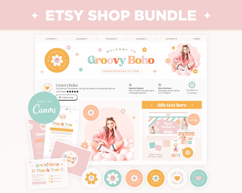 Etsy Shop Banner Templates  Groovy Boho Etsy Branding Kit Template Editable Canva Banner Mockup Templates Etsy Shop Kit