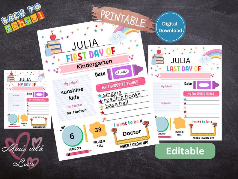 Editable First Day of School Printable Sign  Back to School Template  Last Day of School customizable  School Board  Digital Download
