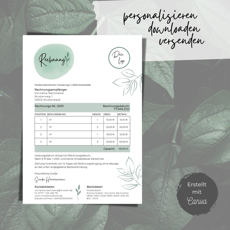 Invoice template German  Customizable Canva Template  modern  green  plants  nature  Digital Download  small business owner