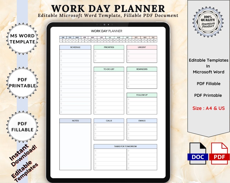 Editable Work Planner Template  Work Day Organizer  Printable Daily Planner  Work To Do List  Note Planner Office Organizer Digital Schedule