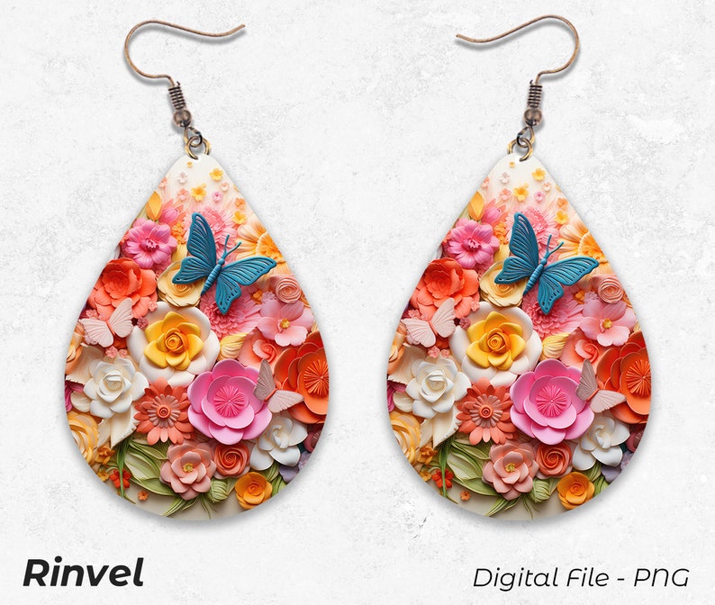3D Earrings Design  Flowers Butterfly Earrings  Floral Sublimation Template  Digital Download PNG  Teardrop Earrings