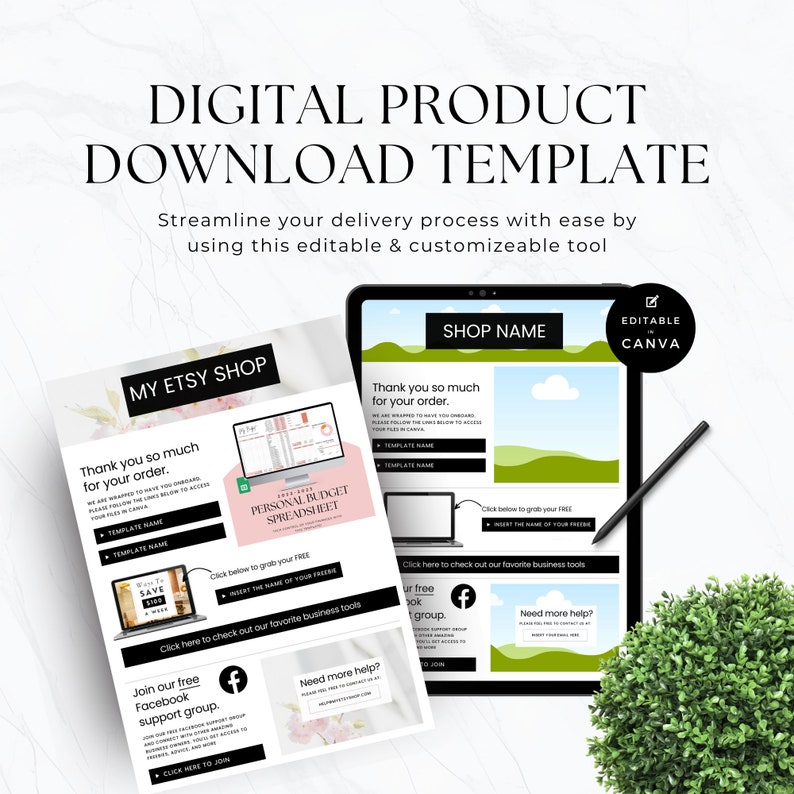 Download Instruction Template for Digital Product Sellers  Page to share Links for downloading templates  Digital Product Etsy Seller  Canva