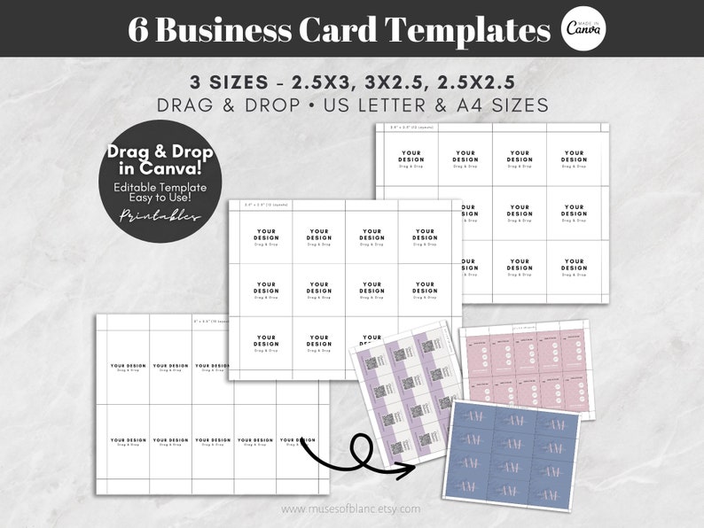Drag and Drop Business Cards Template  Printable Business Cards  Canva Templates  2 5x3 Cards  2 5x2 5 Square Cards   Digital Download