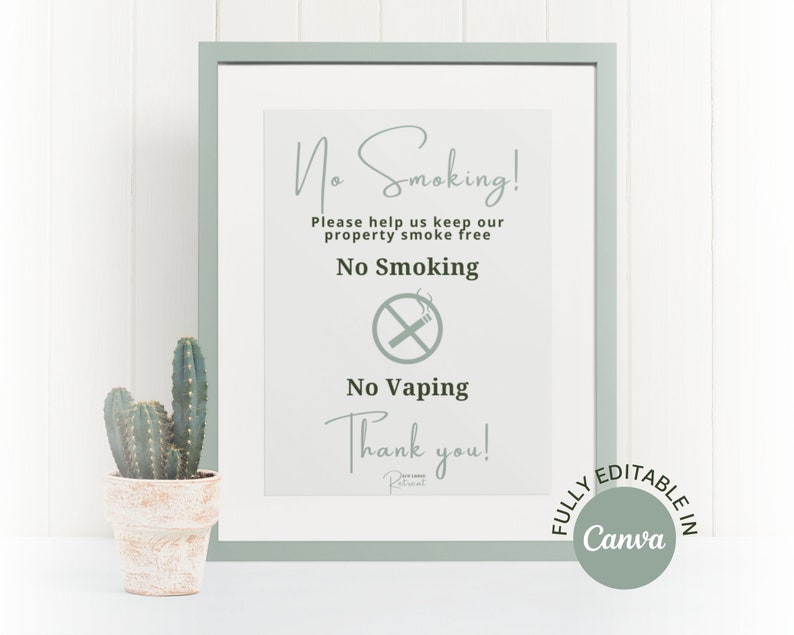 No Smoking sign Airbnb template  no smoking vaping sign for sustainable vacation rentals  editable Canva template  printable sign download