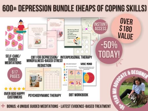 600 Depression Worksheets Bundle   Mega Therapy Bundle  dbt  cbt  ipt  coping skills  therapy tools  guided meditations  therapy journals