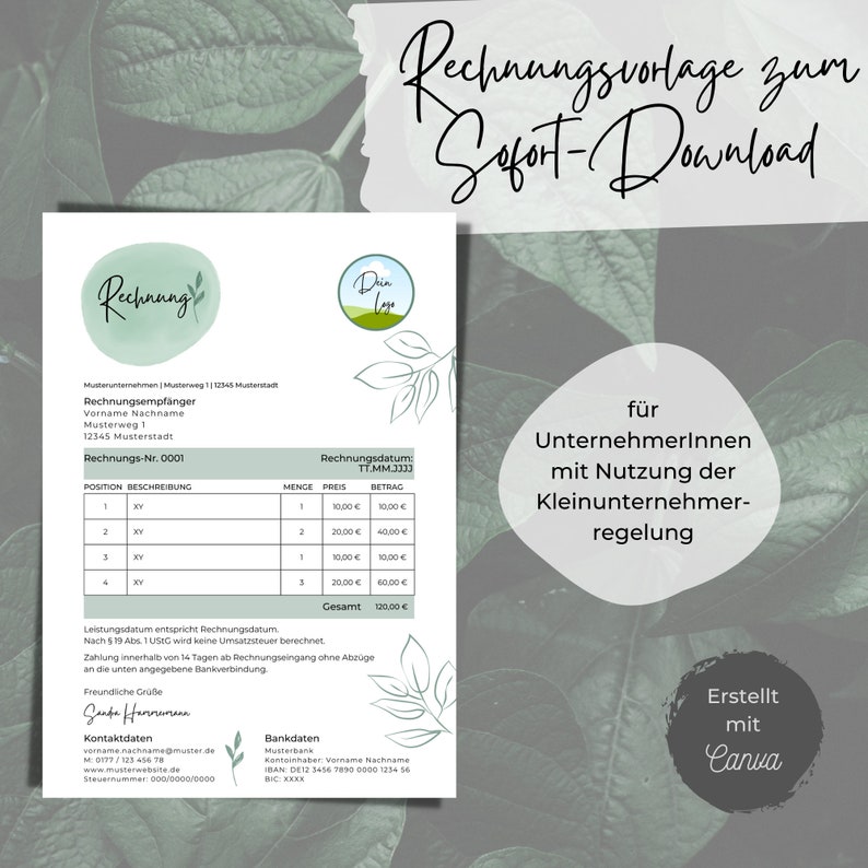 Invoice template German  Customizable Canva Template  modern  green  plants  nature  Digital Download  small business owner
