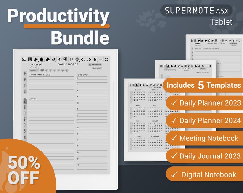 Supernote A5X Templates  Productivity Bundle  Calendar  Daily Planner  Journal  Digital