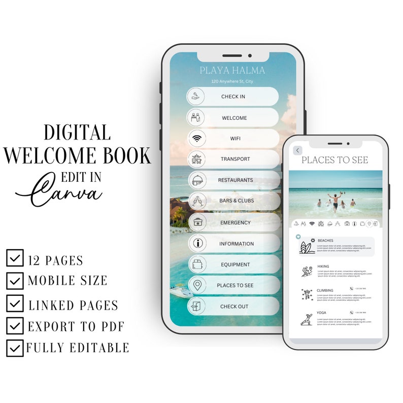 Welcome Book DIGITAL  Airbnb beach house  Mobile size  Vacation Rental  VRBO Guest Book  Template Canva  11 pages