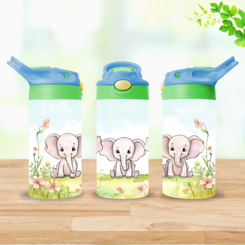 Baby Elephants 12oz Kids Tumbler Wrap Sublimation Design   Watercolor Animals Children s Flip Top Sippy Cup PNG   Digital Download