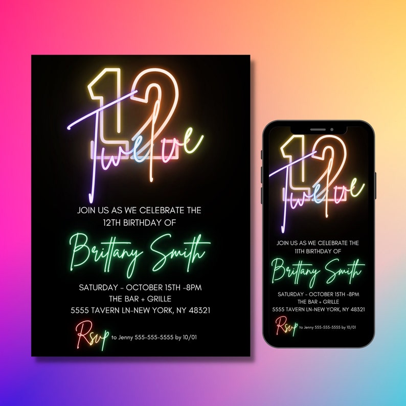 12th Birthday Invitation for girl  Rainbow  Editable Template  12 Bday Invites  Neon Light  Digital File  Instant Download