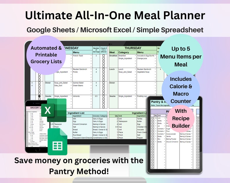 Weekly Meal Planner Spreadsheet Google Sheets Excel Recipe Builder Calorie Counter Pantry Inventory Automatic Shopping List Food Prep Log
