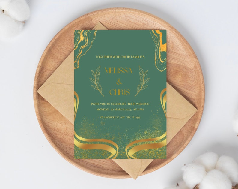 Green and gold wedding invitation design  Canva template  Digital download