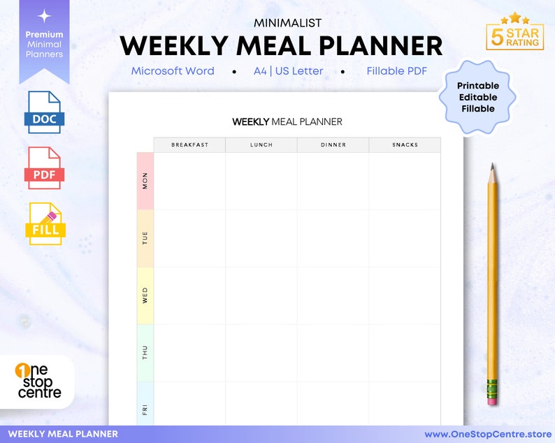 Weekly Meal Planner Editable Word Template  PDF Fillable Planner   Digital Daily Weekly Meal Planning  Printable Weekly Meal Tracker Planner