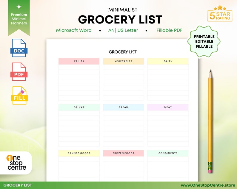 Editable Grocery List Word Templates  Shopping List Organizer  Printable Grocery Planner  PDF Fillable Categories Household Grocery Planning
