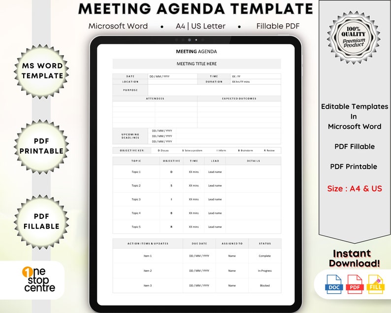 Editable Work Meeting Notes Agenda Templates  Printable Meeting Discussion Notes  Minimalist Meeting Actions Template For Word  PDF Fillable