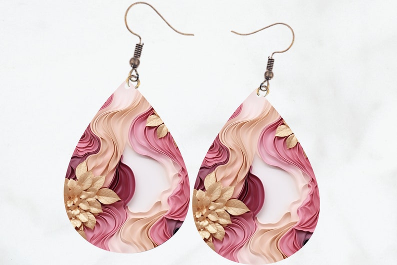 Sublimation Earring Design Pink and Gold Floral Teardrop Earings PNG Tear drop  Design Jewellery Template Digital Download Commercial Use