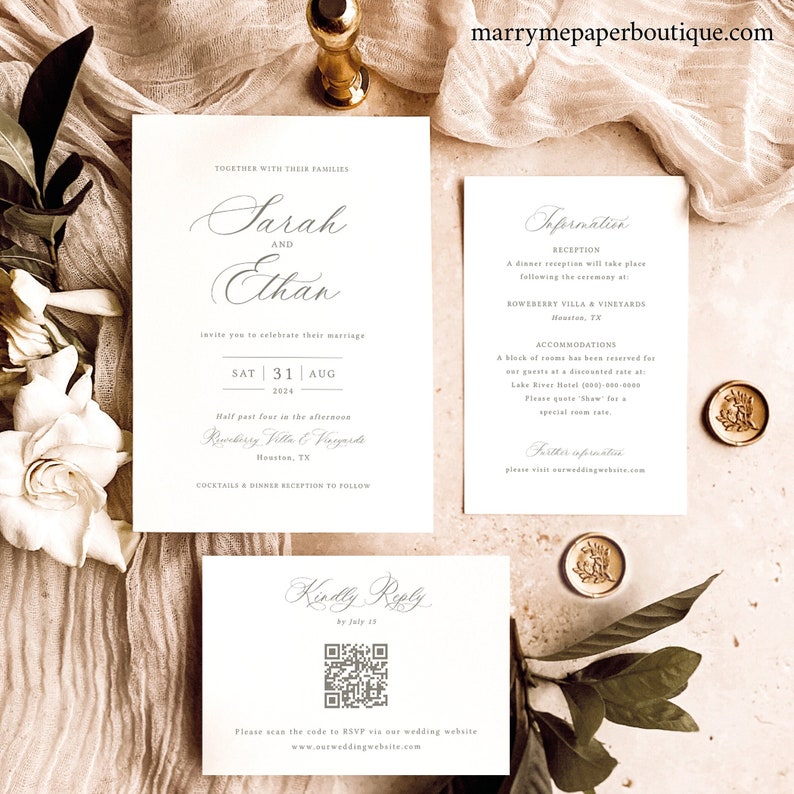 Wedding Invitation Template Suite  Calligraphy Design  QR Code RSVP Card  Editable Wedding Invitations  Printable  Templett INSTANT Download