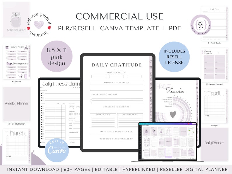 PLR Digital Planner Template  Canva Commercial Use Editable Planner  Hyperlinked  Resell Editable Planner  Planner kit  Self care Planner