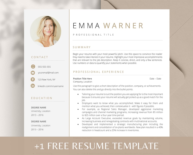 Resume Template with Photo  Professional Resume Template for Word  Pages  Clean CV Template with Picture  Resume and Cover Letter Template