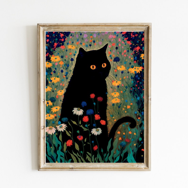 Floral Black Cat Wall Art Digital Print  Black Cat In A Field Of Flowers Maximalist Room Decor  Feline Colorful Eclectic Printable Download