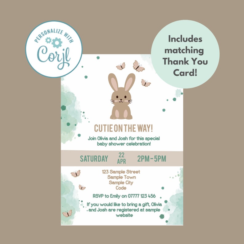 Editable Baby Shower Invitation  Thank You Card Personalised Digital Download  Neutral Bunny Design Printable Template Instant Download