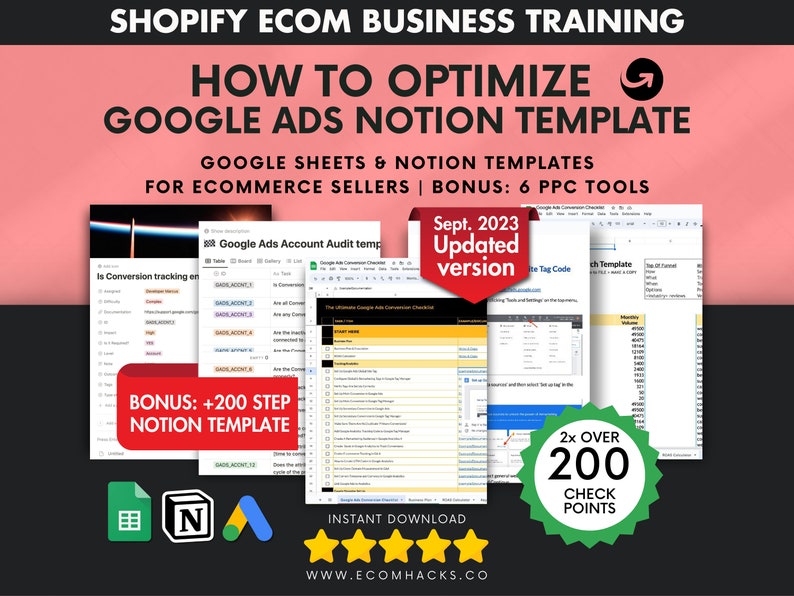 Google Sheets  Notion Templates GADS Optimization Checklist for Ecommerce (200 Steps) Selling On Shopify AdWords Guide Digital Product