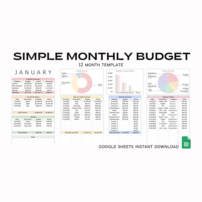 Simple Monthly Budget Spreadsheet Template  Personal Finance Dashboard   Instant Digital Download