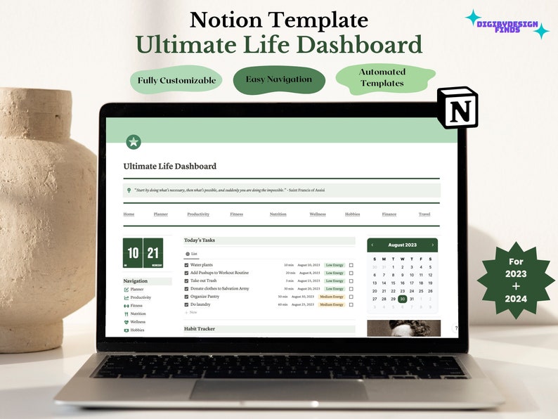Notion Template All in One Life Planner  Notion Minimal Aesthetic Dashboard  ADHD Digital Planner  Editable Template